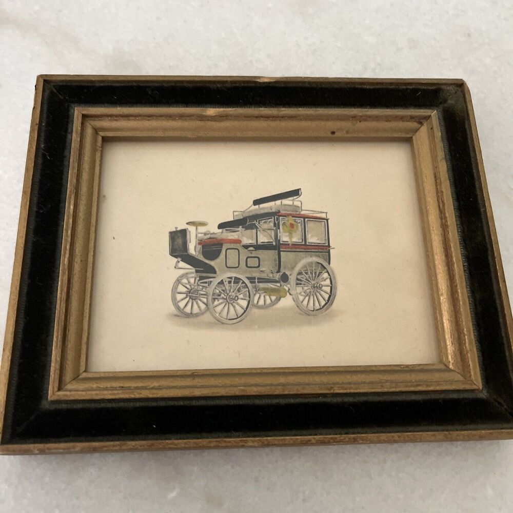 Vintage Hand Painted Fine Engraving Antique Car Velvet  Auto Framed 5” X 4”